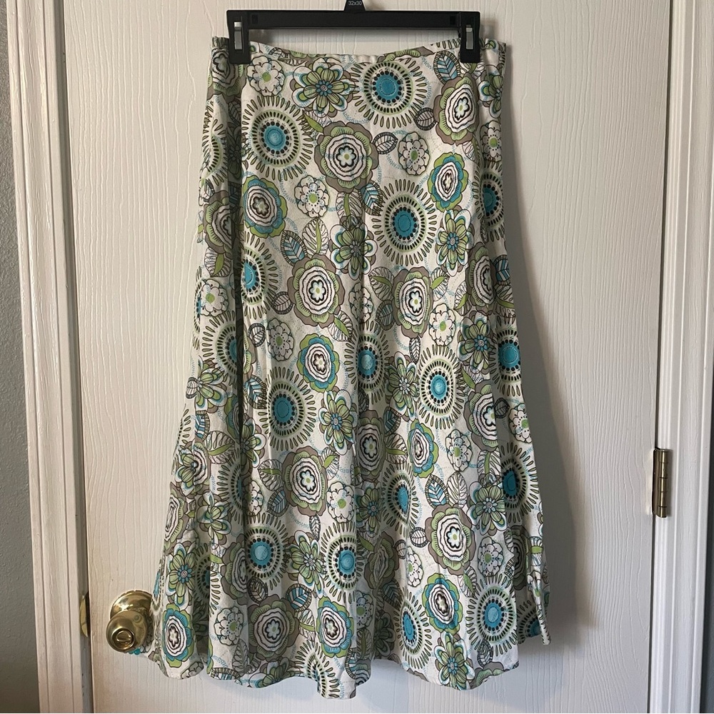 Y2K Christopher & Banks Petite Midi Skirt Green Tan Floral Print
